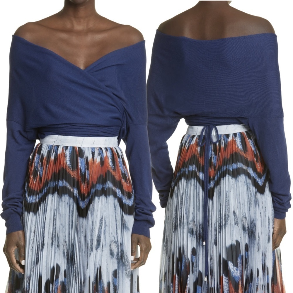 NWT Altuzarra Crawley Off-the-shoulder Knitted Wrap Sweater in Twilight Blue M